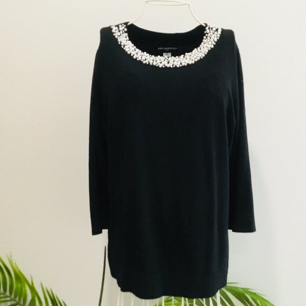 Karl Lagerfeld Paris Black Sweater with Pearl-embellished Neckline - Medium